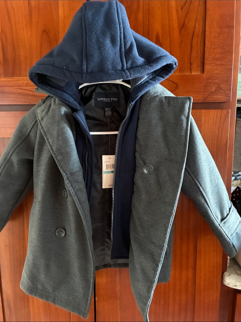 London Fog Green Wool-Blend Peacoat with Navy Hooded Liner